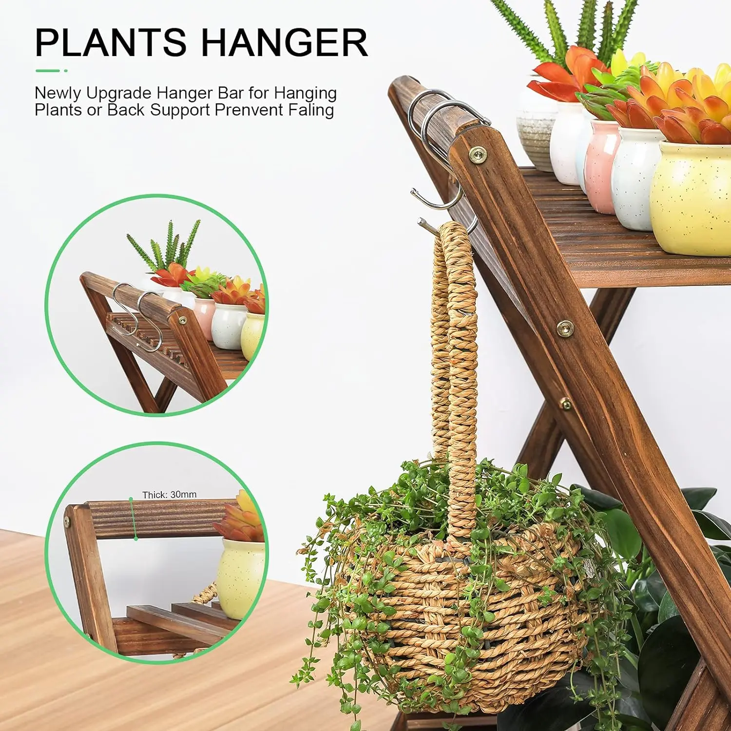 Indoor Plant Stand for Multiple Plants 2 Tier Wood Corner Plant Shelf Rack with Planter Hanger Outdoor Flower Pot Stand Holder