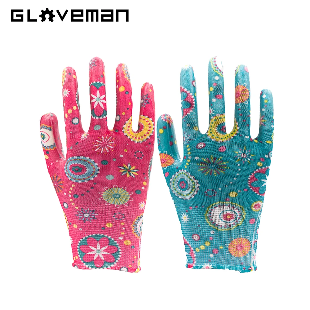GLOVEMAN womens colorful printing yard planting flowers gardening dipping safety work ladies nitrile coated garden gloves
