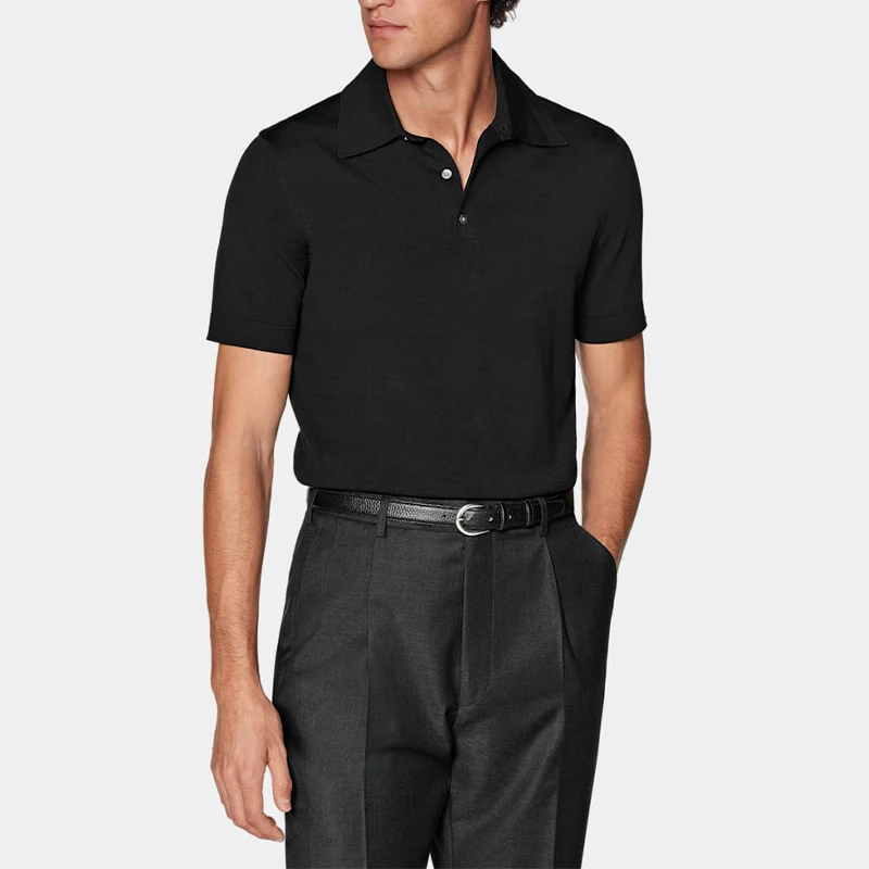 High quality custom luxury silk and cotton light grey sweater summer knitted men polo shirts