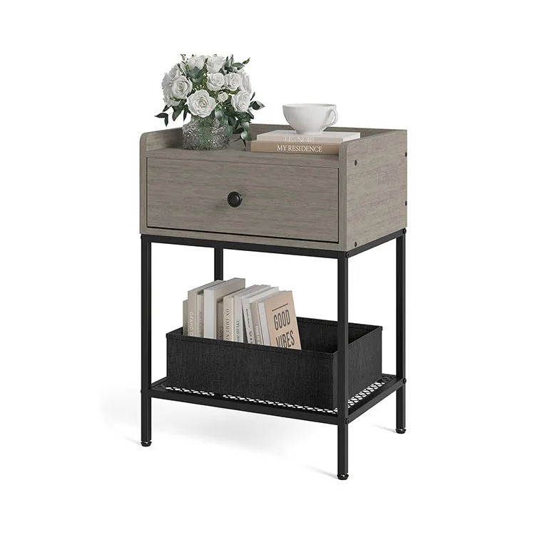 Modern 2-Tier Side Table with Drawer Bedside Table Night Stand Storage Shelf with Metal Frame for Bedroom, Living Room
