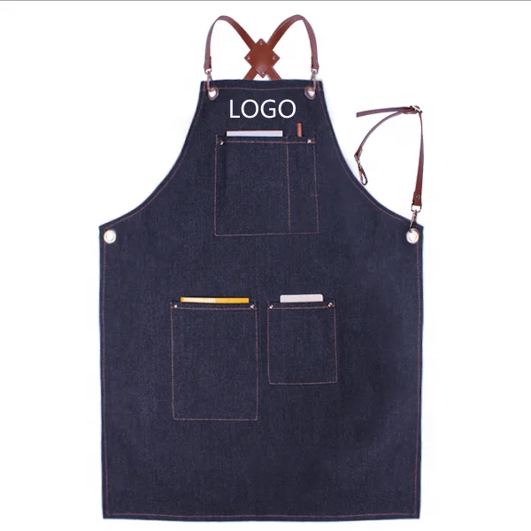 High Quality Chef Kitchen Denim Apron With Custom Logo And leather Strap Barber Apron