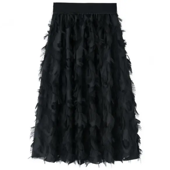 Creative Womens Umbrella Skirt Feather Fringe High Elastic Waist Midi A-Line Swing Skirt Cute Irregular Multi-Layer Cake Skirt