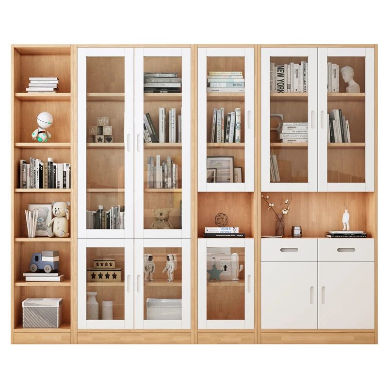Solid wood bookcase modern minimalist living room floor-to-ceiling glass with door bookshelf integrated storage