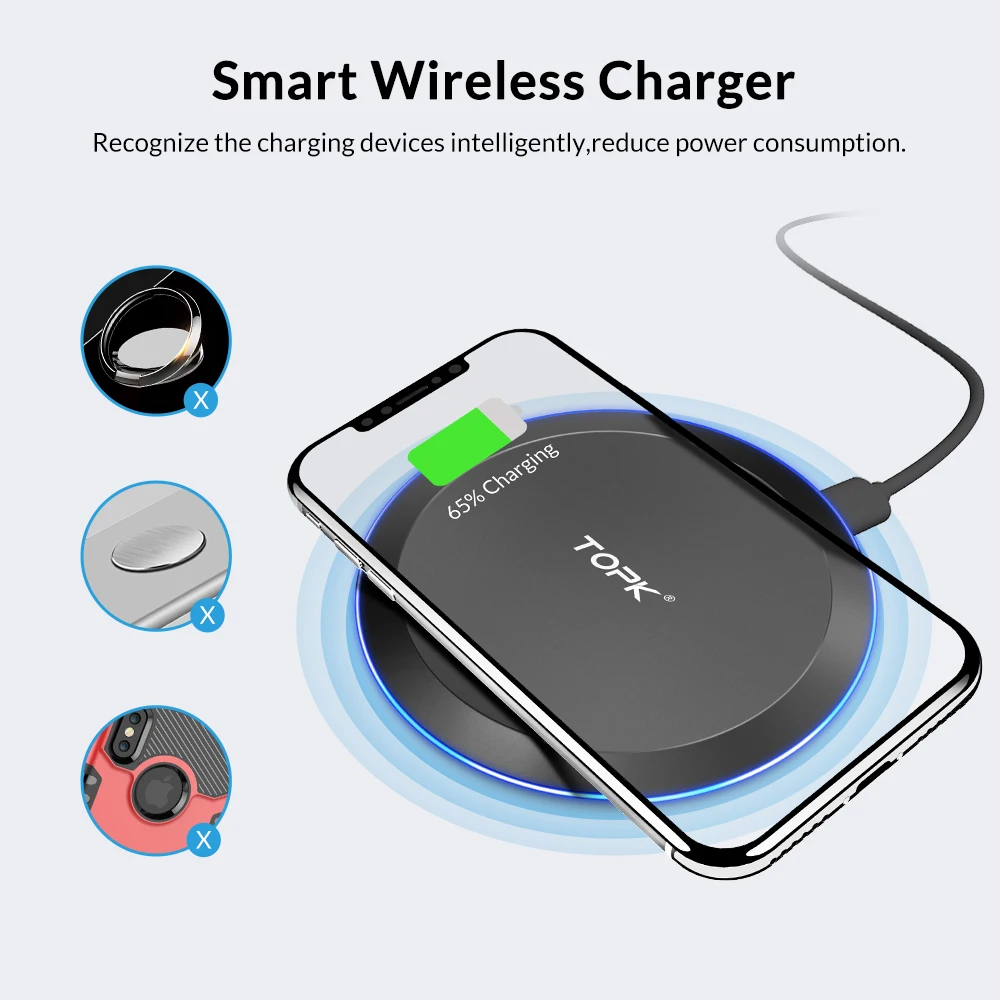 
Free Shipping TOPK Qi Fast Wireless Charger 10W Portable Silm Led Wireless Charger For Iphone 
