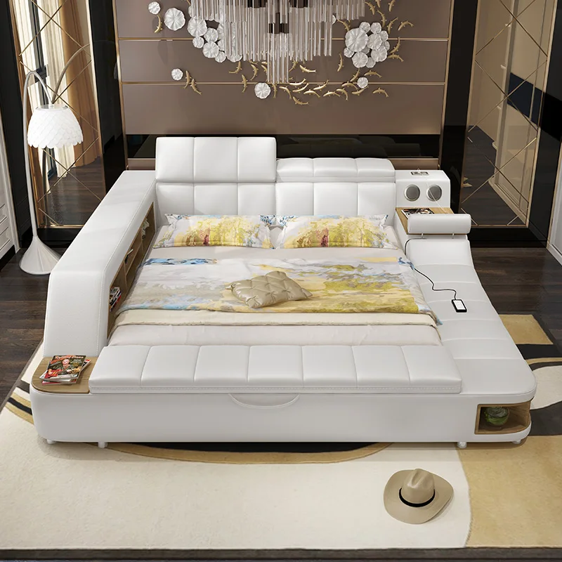 Modern soft bed tatami bedroom King queen double size multi-functional soft Music massage bed real leather art bed