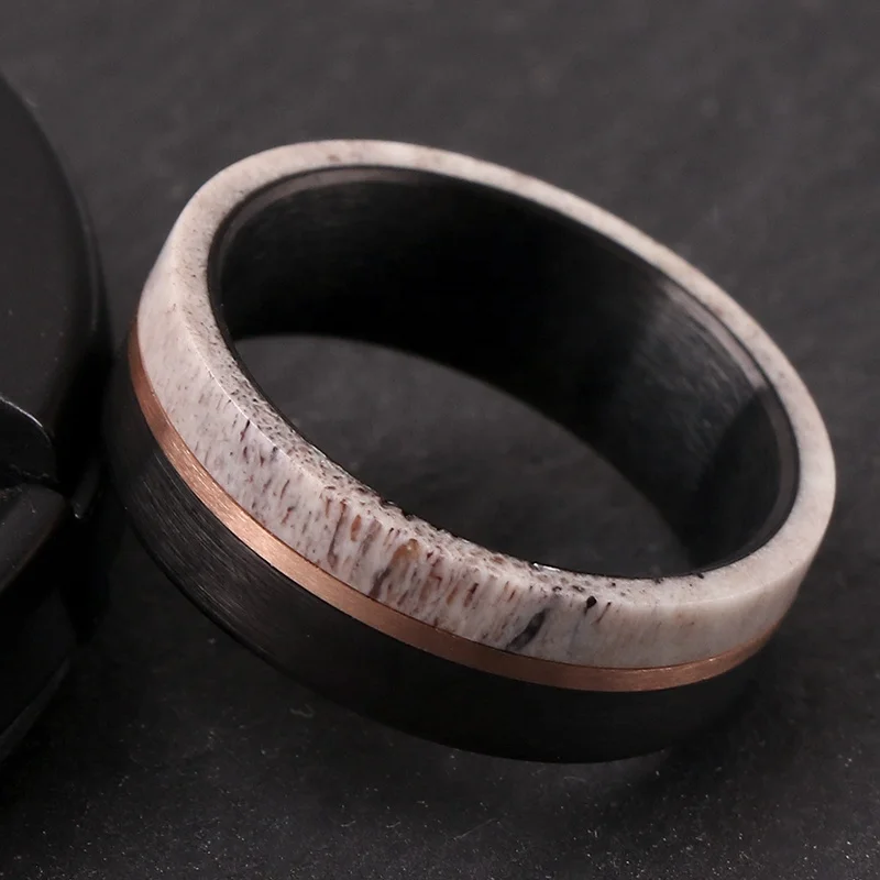 POYA Custom 8 мм Олень Рог золотая линия инкрустация вольфрамовое Кольцо мужское черное охотничье обручальное кольцо