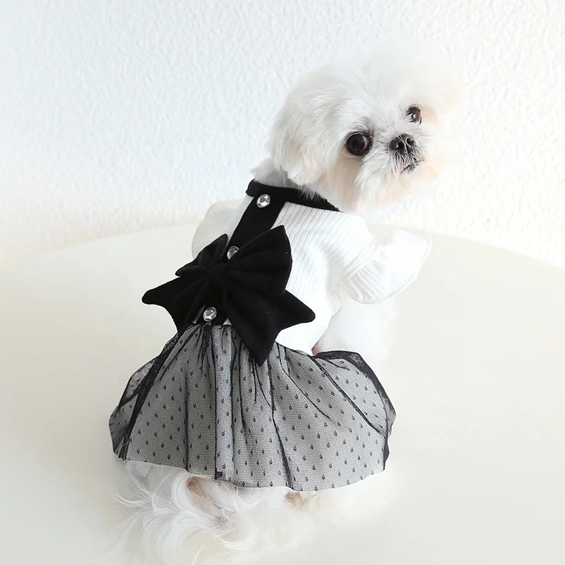 Mesh Printed T Shirts Cotton Vest Pleated Dress Puppy Clothes Summer Shirts Cute Girl Boy Tops Soft Pet Apparel