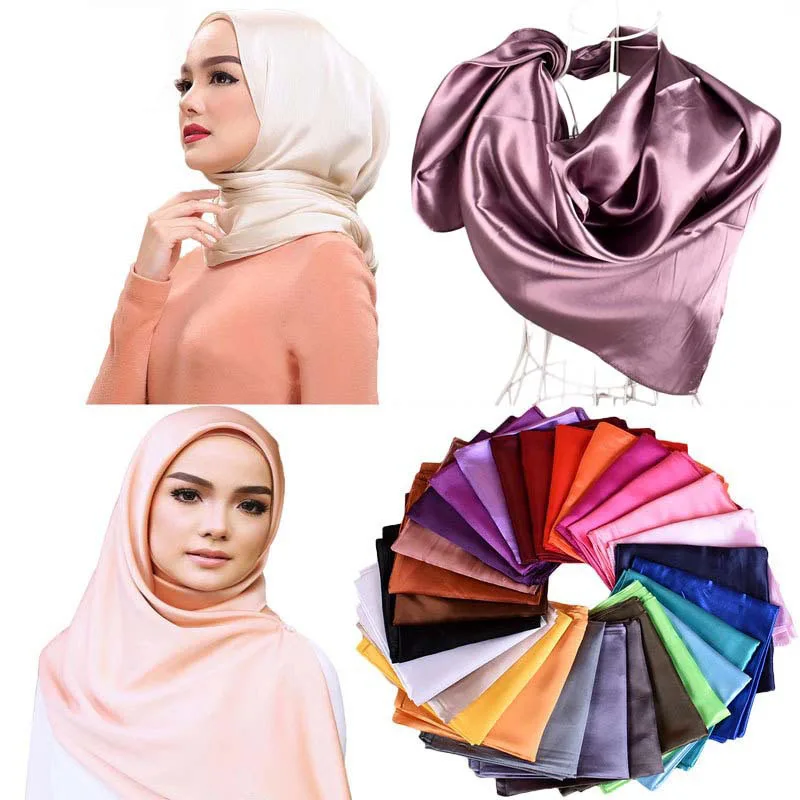 New arrival solid style muslim hijab scarf women headwrap 90x90cm luxury various plain colors square artificial satin silk scarf