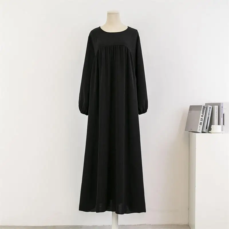 Muslim loose plus size long sleeved solid color pullover robe dress spring and autumn knee length long skirt dress OEM