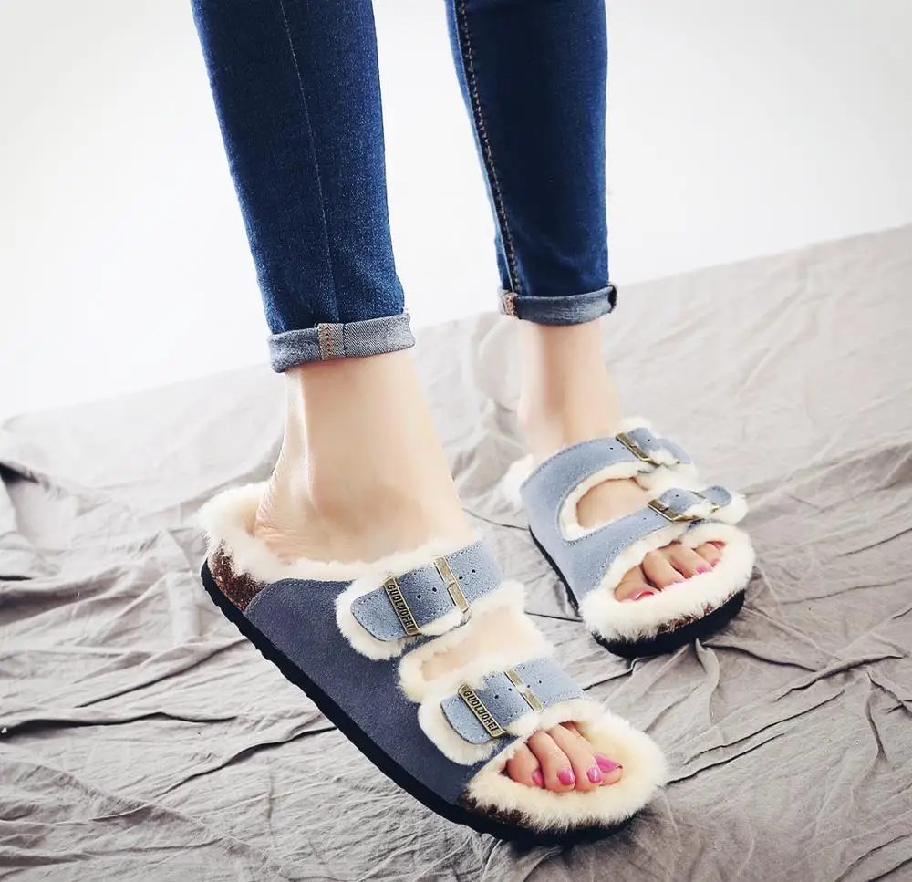 Faux Fur Lined flat slippers for ladies plush cork sole home women slippers