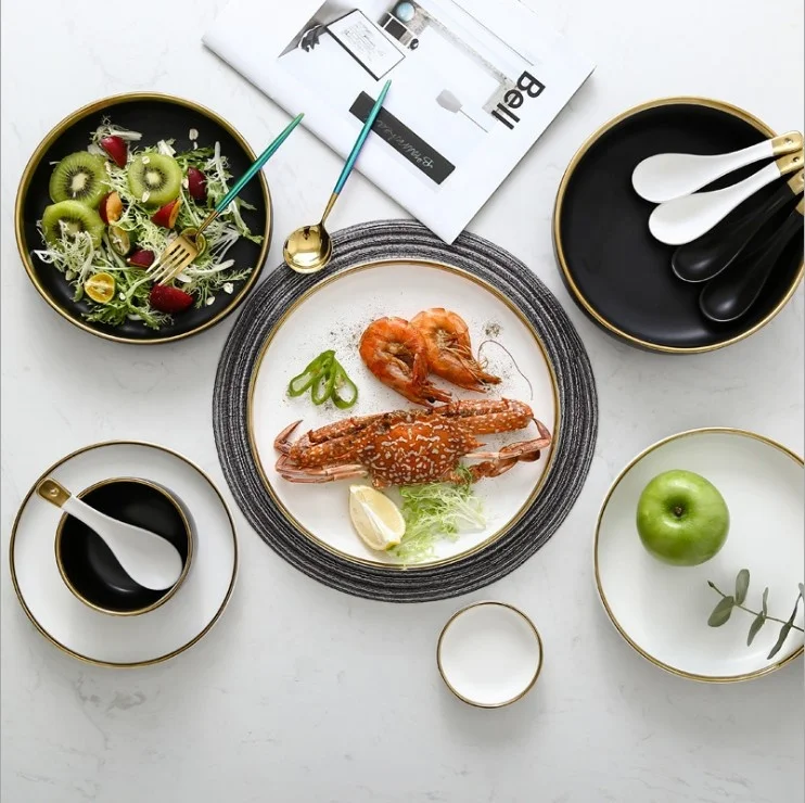 
Nordic Ins Style Gold Edge Ceramic Plates Bowl Simple Ceramic Dinnerware Set Western Deep Plate Bone China Dinner Sets 