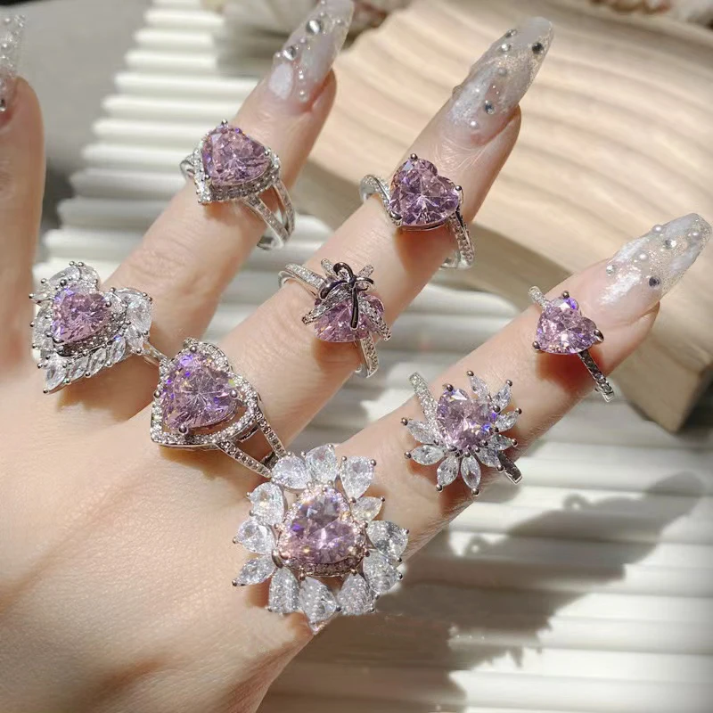 Heart ring full diamond pink love copper plated 18K gold ring fashion jewelry