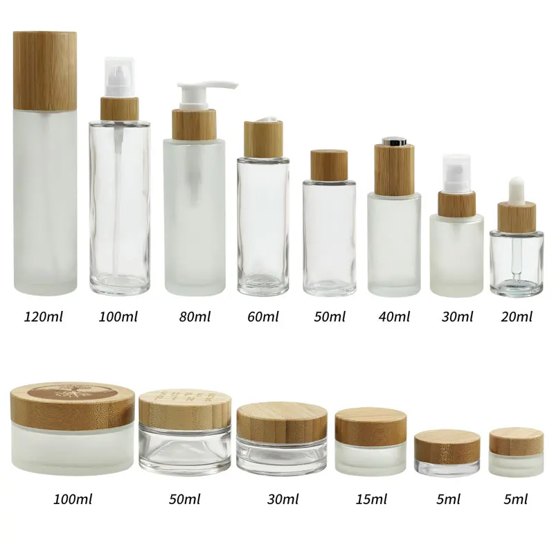 Cosmetics Sets Skincare Bamboo Pump head lotion white glass frosted dropper bottle packaging containers