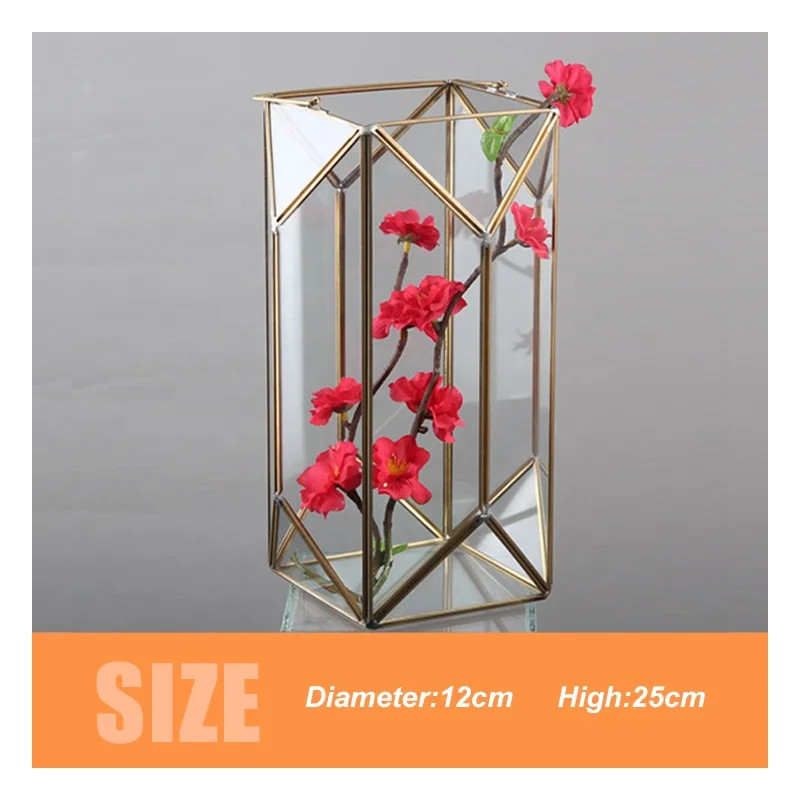 Retro Gold Border Transparent Geometric Glass Terrarium for Home Decor and Holiday Gift
