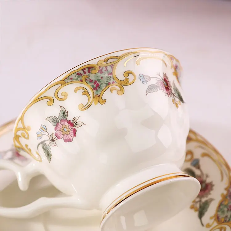 Wholesale Turkish nordic European luxury fine bone china ceramic pink rose flower porcelain coffee tea cup and saucer set