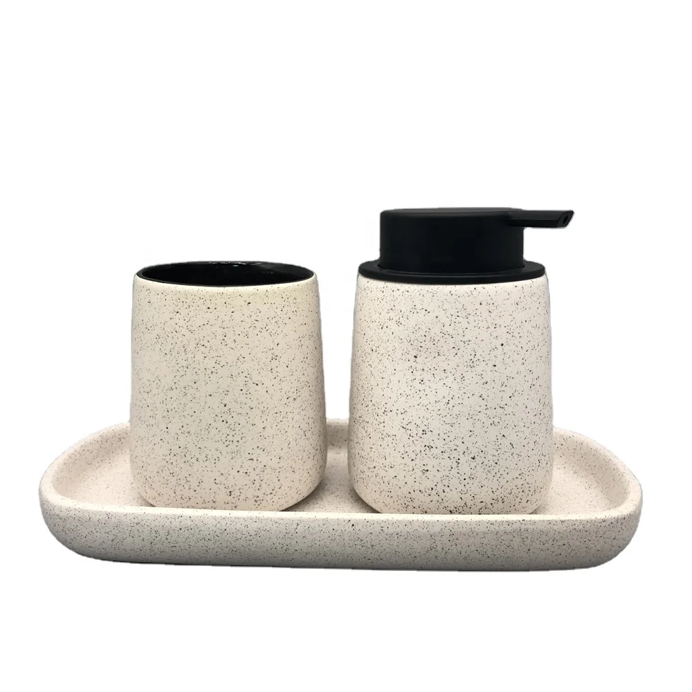 
Bathroom Accessories Set Beige Color Ceramic Toothbrush Holder Dispenser and Tray 