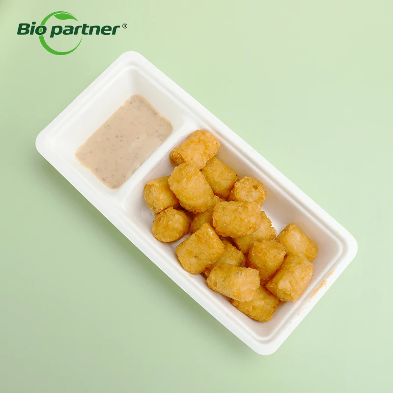 OEM Logo Full Size Disposable Snack Fast Food Box Tray Sugarcane Bagasse Container Waffle Hotdog Take out Snack Tray