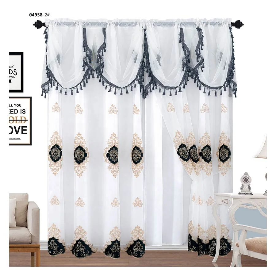 Embroidered luxury  sheer white sheer curtain fabric with attached valance