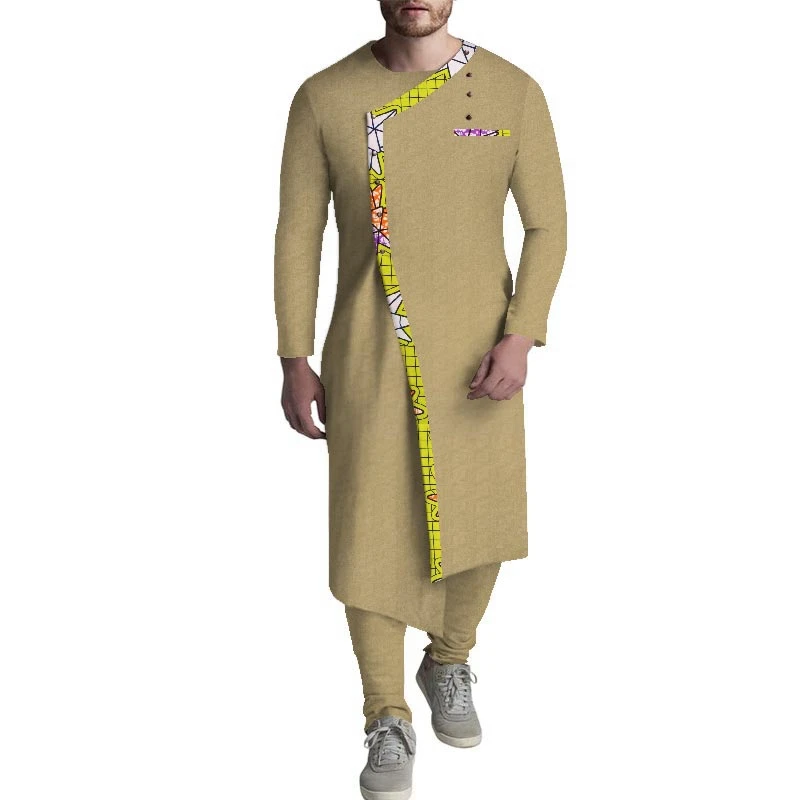 wyn1057 High Quality Printed Two Piece Set African Clothing Men Long Sleeve Blouse Men African Clothes