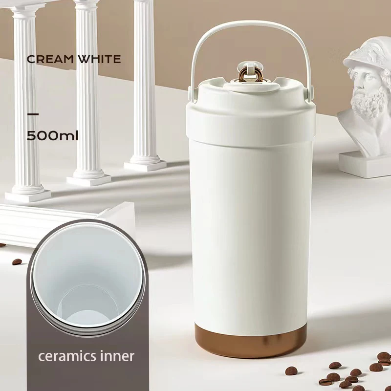 ECO-friendly  Fashion vacuum Insulated Stainless Steel travel coffee mug with logo handle ceramics inner