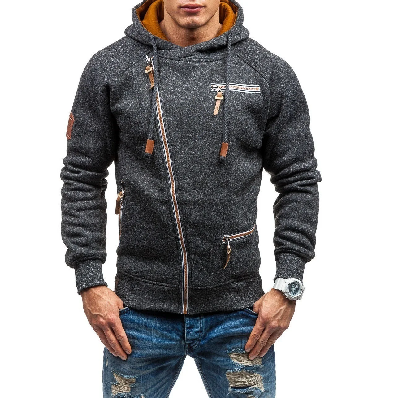 Gulidd Casual Solid Long Sleeve Mens Hoodies Sweatshirts Slim Zipper Hoody Sweatshirt Men Hooded Streetwear