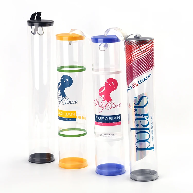 Custom Logo Printed PVC PET PP Long Hair Extensions Pc Packaging Round Hard Plastic Tube Cylinder Containers with Lid Hook