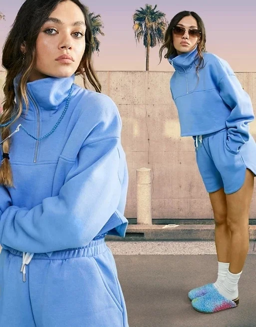 Knitted High Neck Long Sleeve Zip Up Sweatshirt & Drawstring Elastic Waist Shorts Training Tracksuit for women set