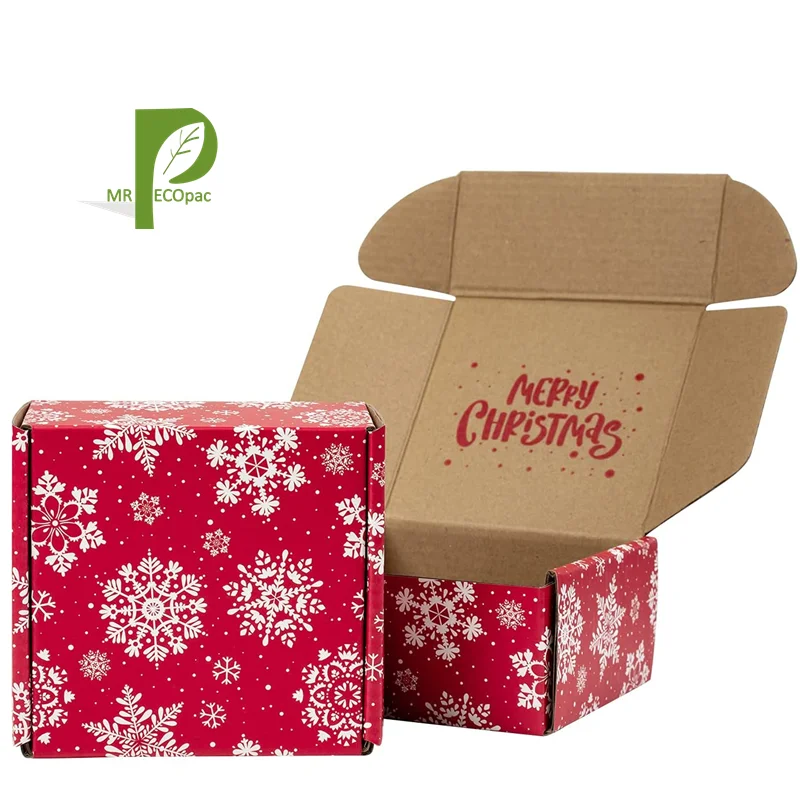Christmas Recyclable Corrugated Box Mailers Red Cardboard White Snowflake Printed Perfect for Shipping Small