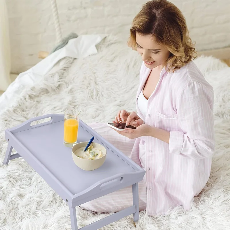 Bed Tray Table Folding Legs Breakfast Food Tray Bamboo Portable Lap Desk Dinner Tea TV Wooden Serving Tray with Handles