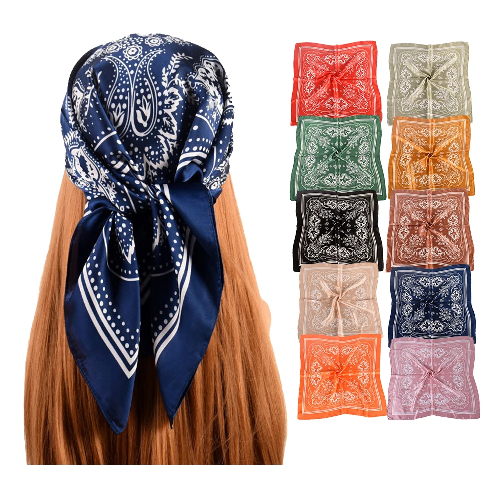 Vintage fancy 70*70 square satin hijab silk head wrap head tie scarf paisley printing bandana scarves for ladies women