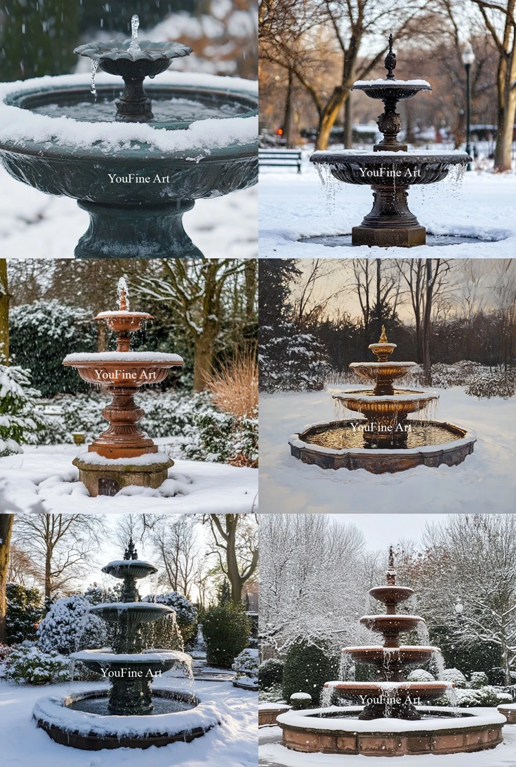 bronze fountain in snow