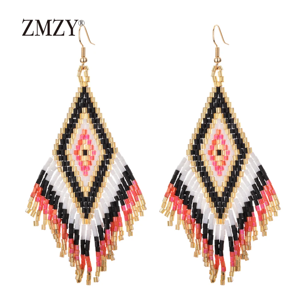 ZMZY Ethnic Earings Fashion Jewelry Boho Drop Earrings for Women Bohemian Long Tassel Crystal Bead Handmade Earring Fringe Gifts