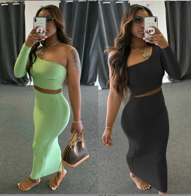 2022 High Quality Solid Color 2 Piece  Sets Womens  Long Skirt Off-Shoulder Long Sleeve Top Skirt Two Piece Set