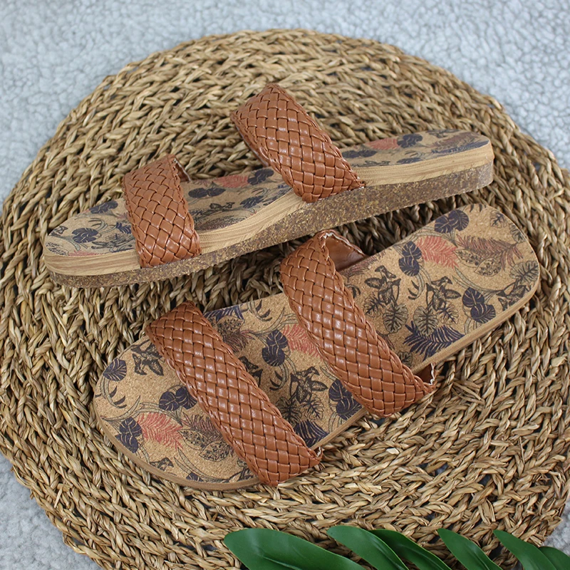 Manufacturer Hot Sale Ladies Women Flip Flop Slippers Women cork thong flip flop braided PU sandal with natural cork outsole