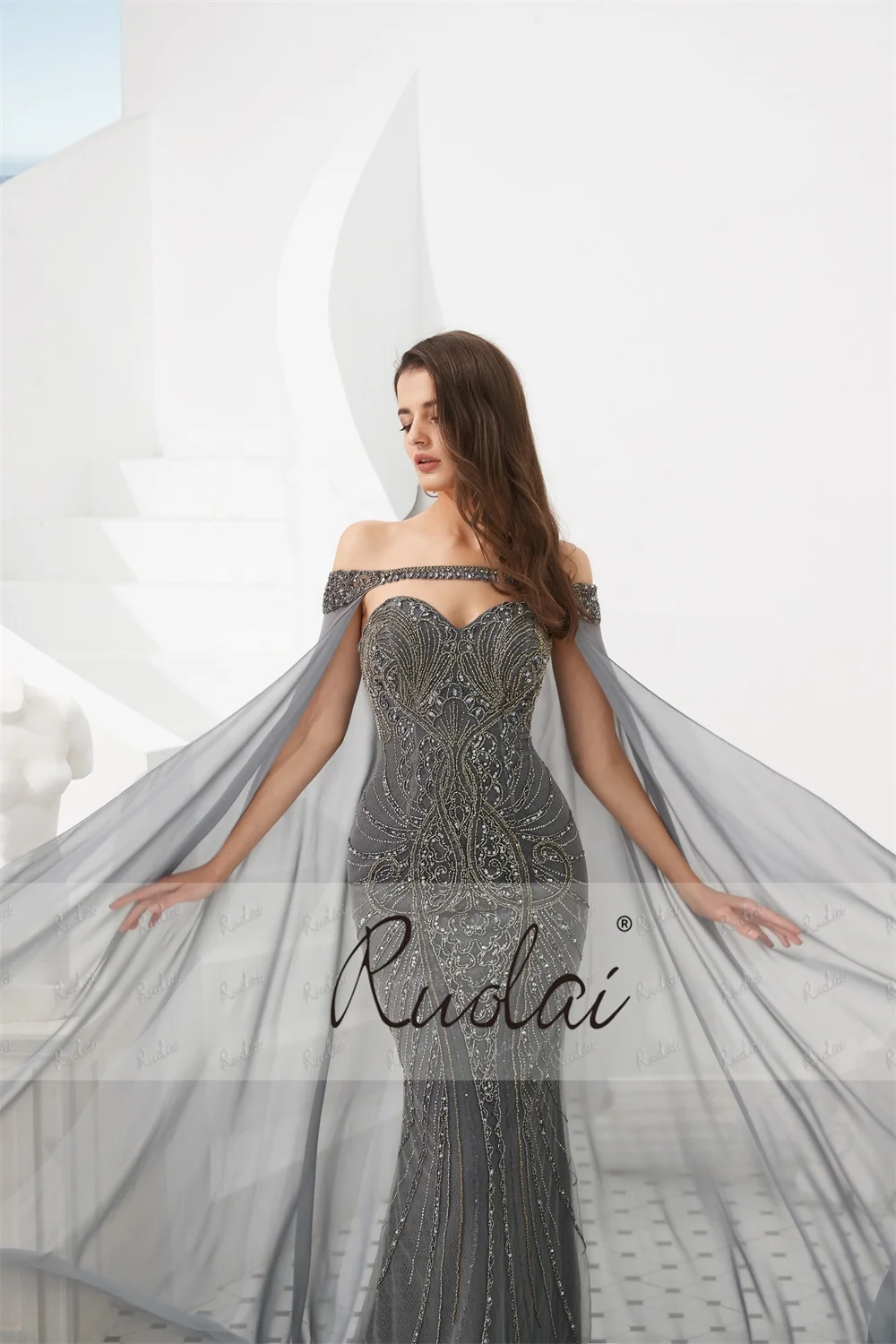 Ruolai LDC6710 New 2024  dark grey formal dress with Long Cloak Heavy Beading Luxury abendkleid Evening Dress