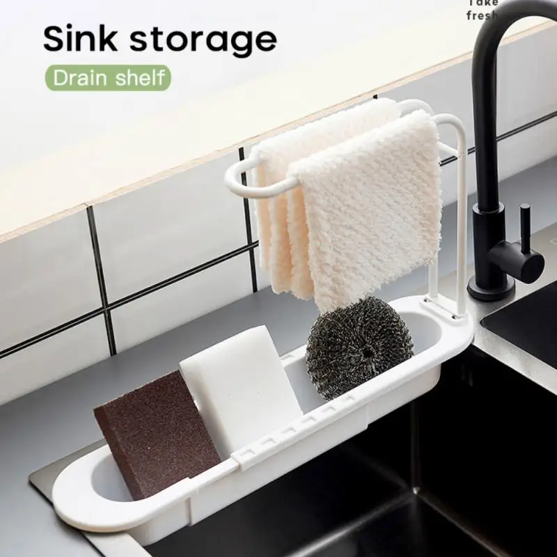 Gadgets Accessories Telescopic Sink Shelf Drainer Rack Kitchen Organizer Soap Sponge Holder Towel Rack Storage Organizer Basket