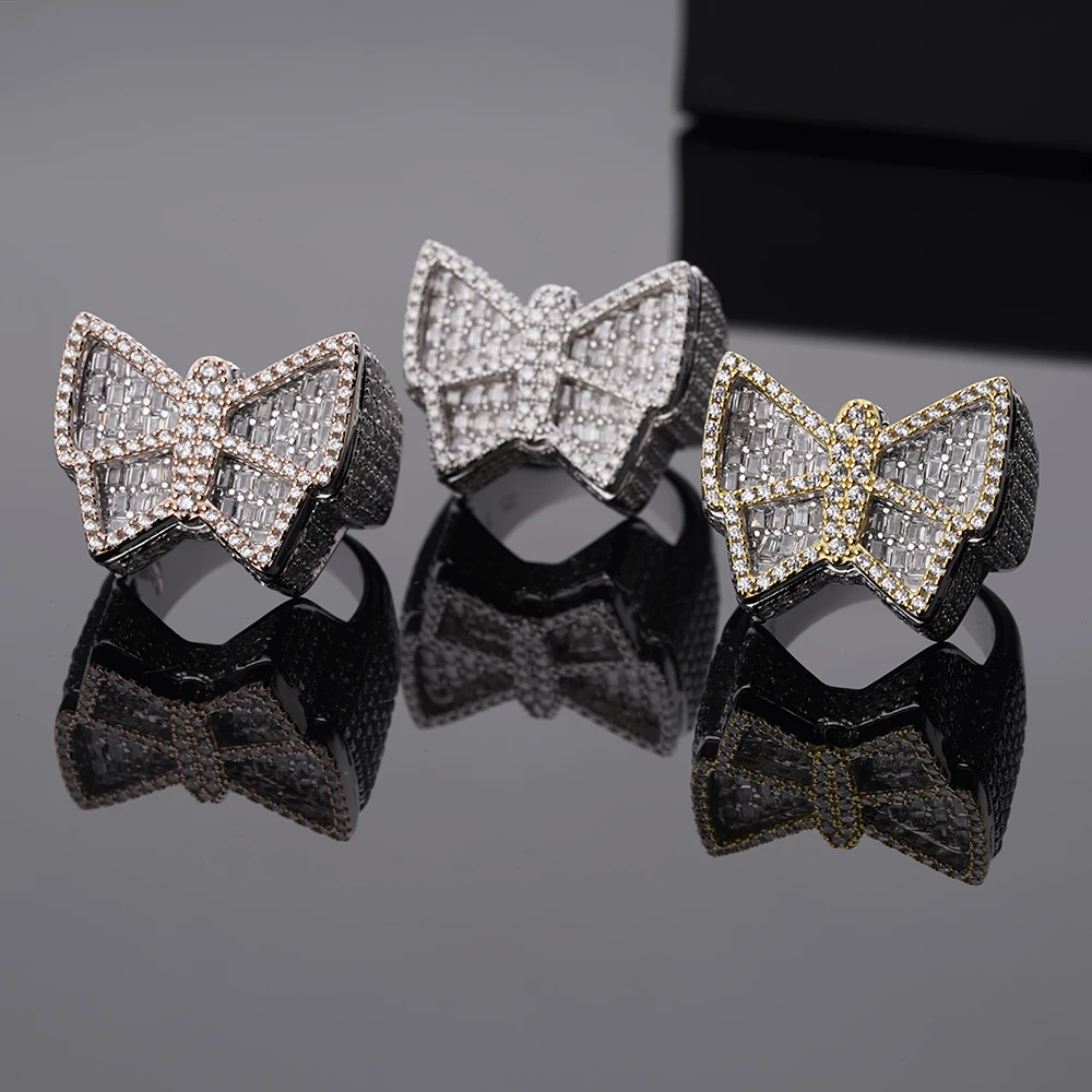 New Design Custom Hip Hop Jewelry Two Tones Iced out Zircon Diamond Emerald Cut 925 Sterling Silver Butterfly Rings