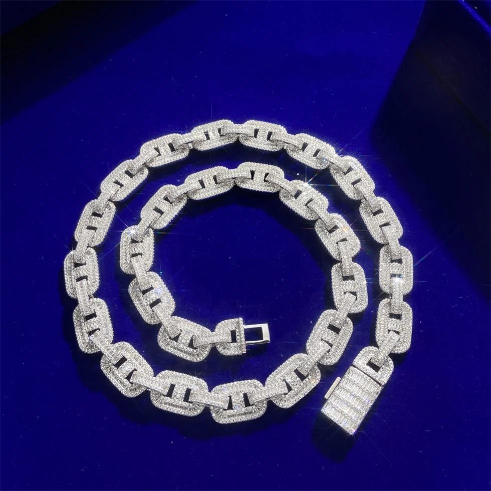 Hiphop Icy Customize 14K Gold Plated Baguette CZ Diamond Miami Cuban Link Chain 12mm 15mm Pig Nose Shape Necklaces For Men