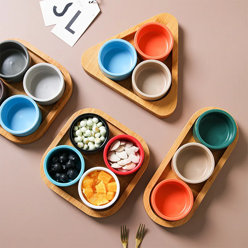 Ins Restaurant Hotel sauce snack dish color ceramic small round cup with wooden tray combination tableware