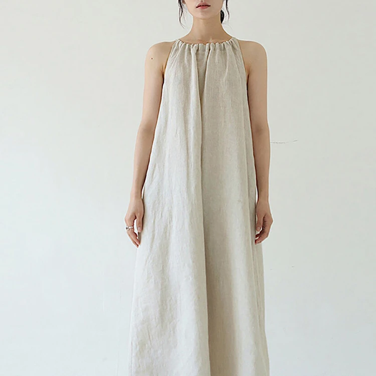 Long Vacation Style Dress New 2021 Fashion Summer Women Sleeveless 100% Hemp Dress