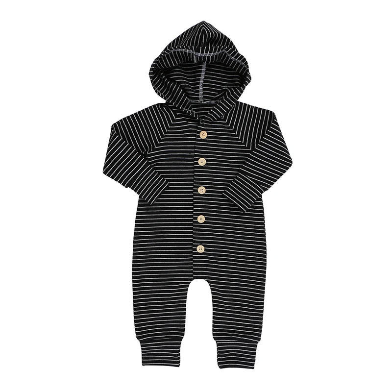 Private Label Newborn Baby Boy Hoodies Jumpsuit Black Stripe Clothes Playsuits Terry Cloth Baby Sweat Rompers