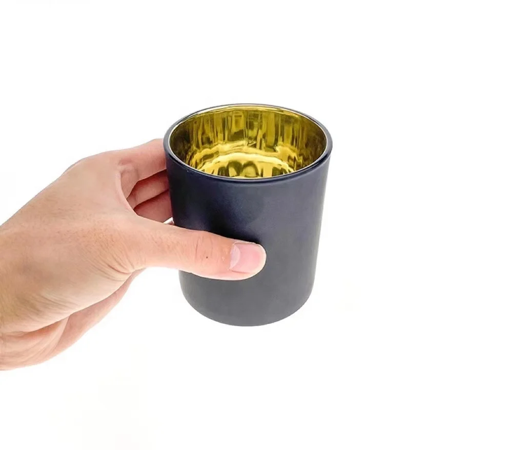 Ready to Ship Luxury 8oz 10oz Flat Bottom Round Black Matte Candle Vessels Container Jars Gold Electroplated Inside with Lids