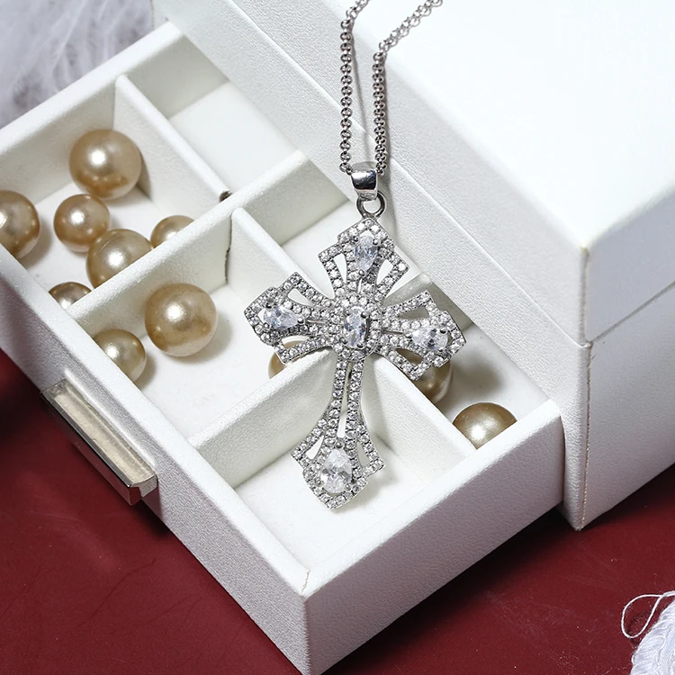 Wholesale White Gold Plated 925 Sterling Silver Cross Prong Pendant Cross CZ Pendant Prong Setting Necklace Cubic Zirconia