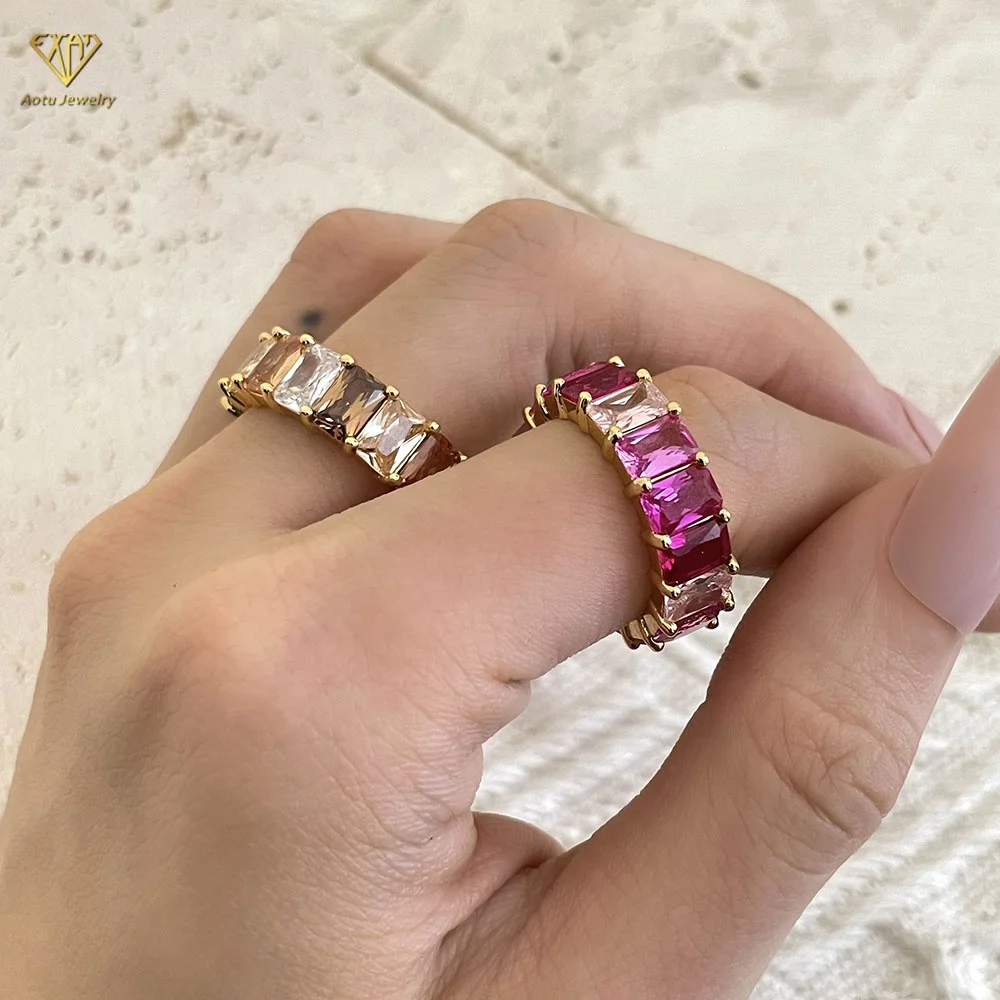 18K gold plated red corundum colorful baguette cz diamond open rings