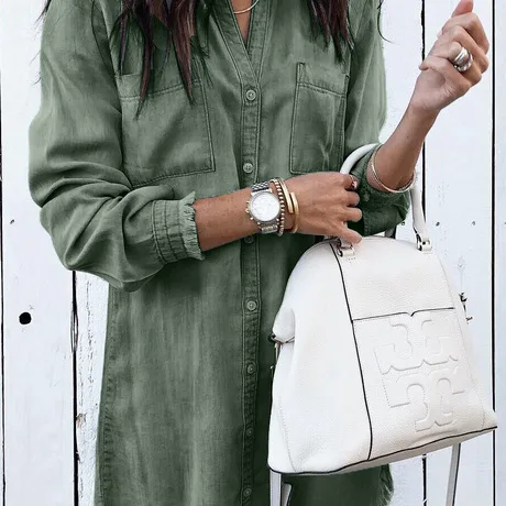 Женское джинсовое платье-рубашка с длинным рукавом и бахромой