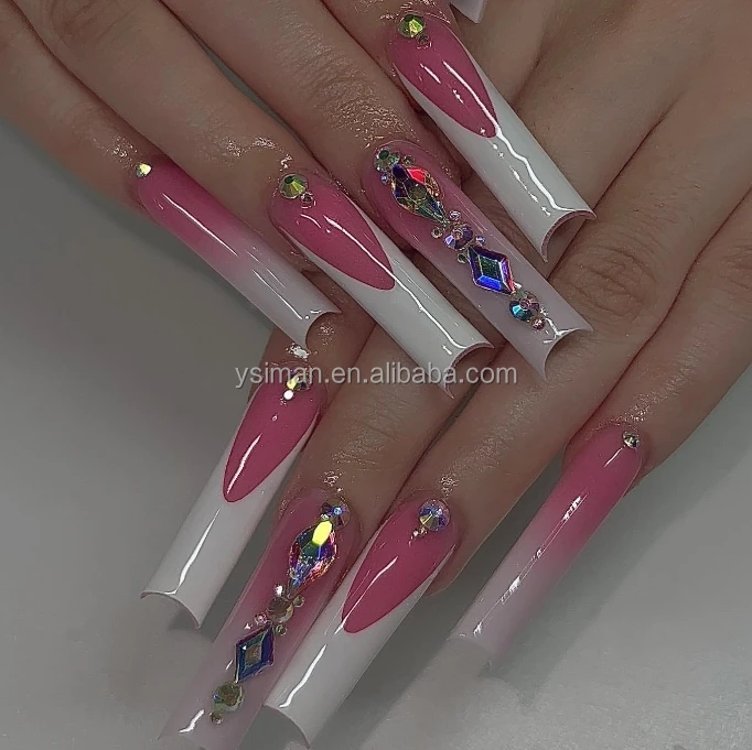*Prestige Label Premium Quality Long Pearl Finish Handmade Press On Nails Artificial Full Cover Diamond Bling French Tips
