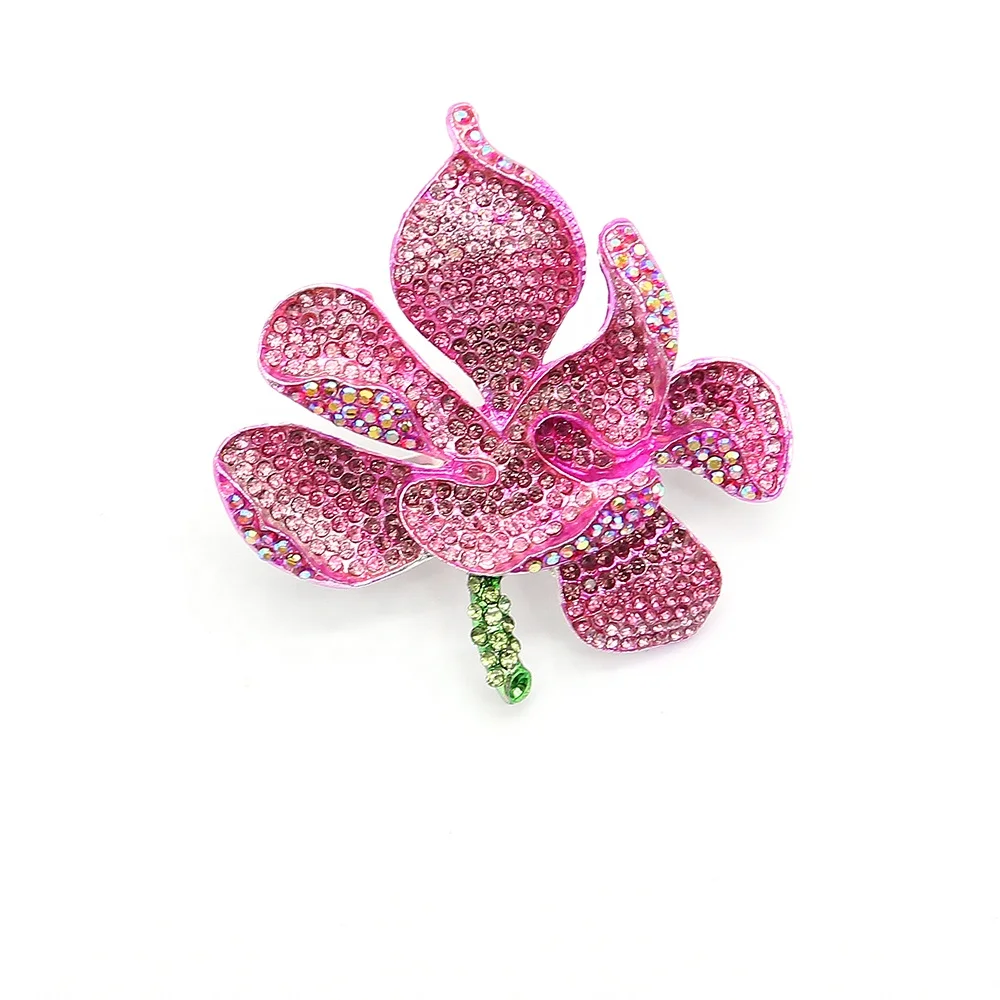 Wholesale Pink Rhinestone Orchid Flower Brooch Pin Crystal Rose For Women Jewelry Accessories Brooches
