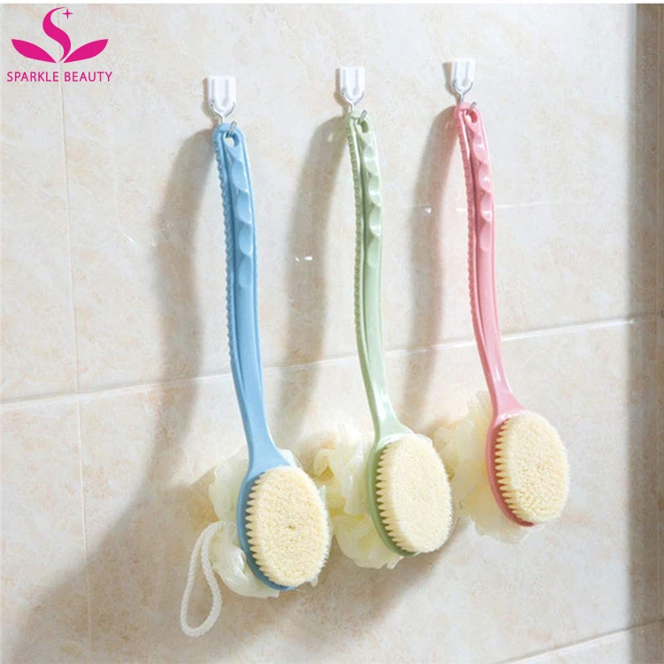 Bath Brush with Bristles and Loofah Back Scrubber Mesh Sponge with Curved Long Handle for Skin Exfoliating