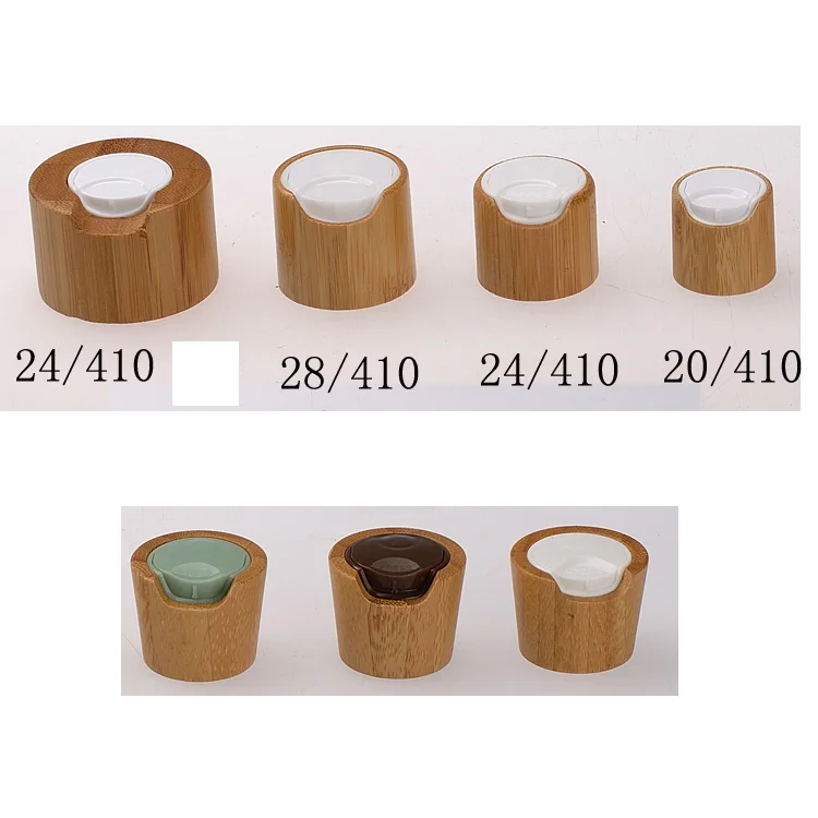 24/410 Nature bamboo shampoo squeezable plastic bottle 20/410 Ash  wooden lids disc top caps