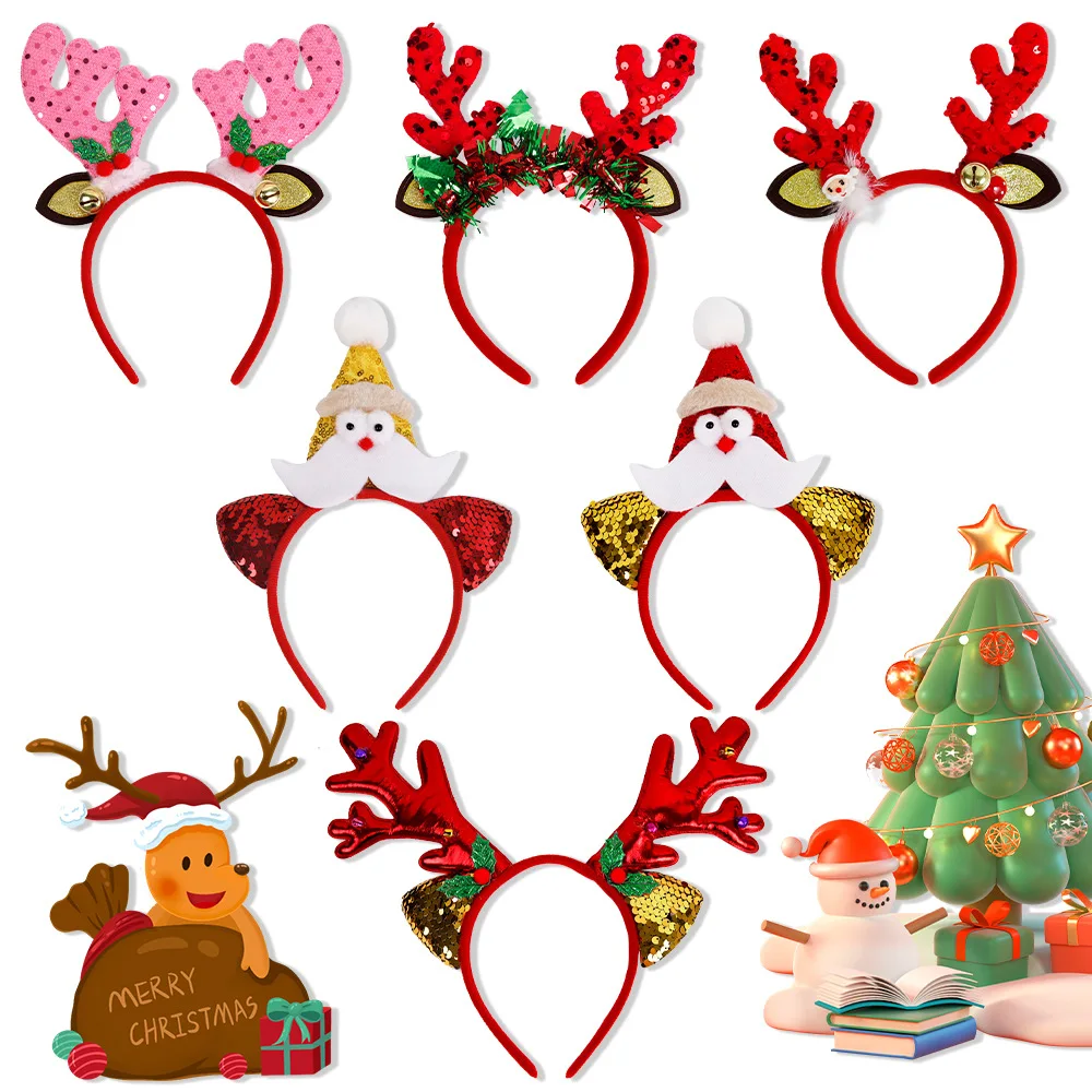 Christmas Headbands Women Girls Elk Antler Glitter Hair Bands Jingle Bells Tiara Headpiece Red Gold